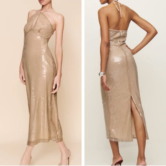 ✨ SALE✨ NWT Reformation Iridessa Midi Dress Gown Champagne Sequin Party Halter